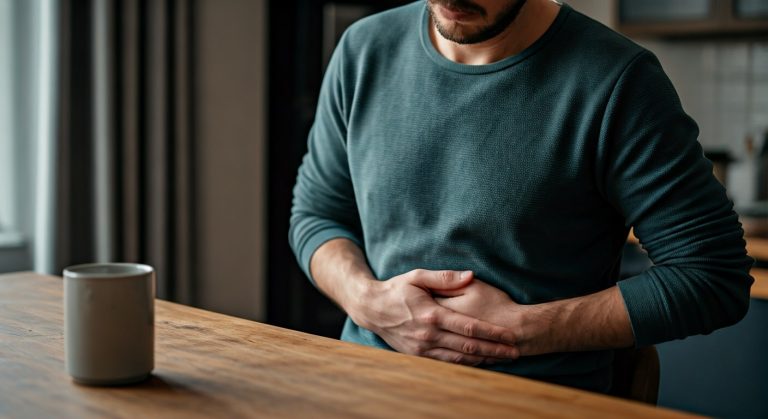 Člověk u kuchyňského stolu s rukou na břiše, výraz mírného diskomfortu