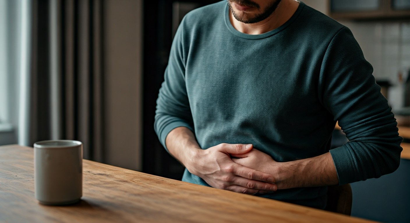 Člověk u kuchyňského stolu s rukou na břiše, výraz mírného diskomfortu