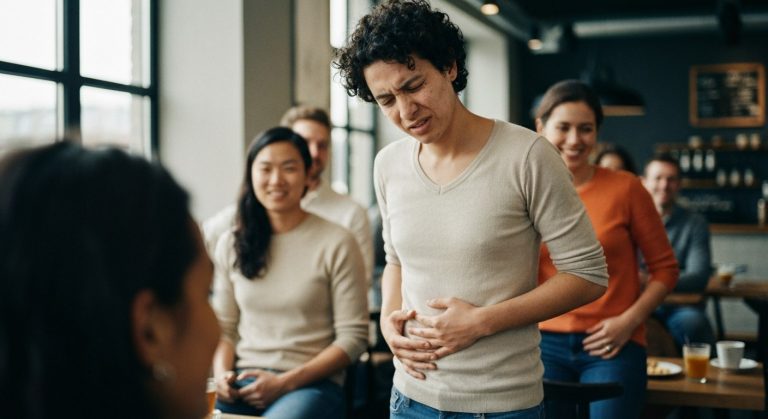 Skupina lidí v kavárně, jedna osoba si drží břicho s výrazem nepohodlí