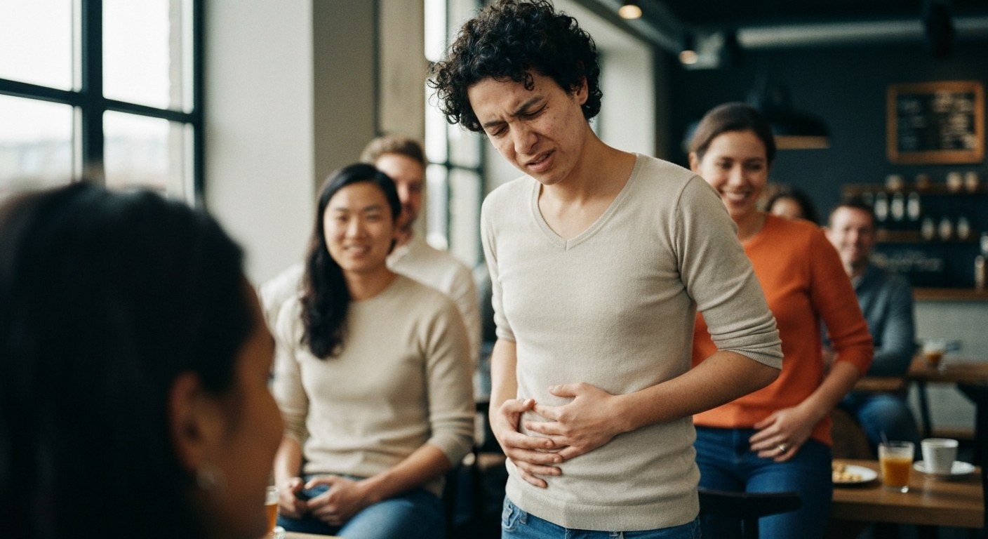 Skupina lidí v kavárně, jedna osoba si drží břicho s výrazem nepohodlí