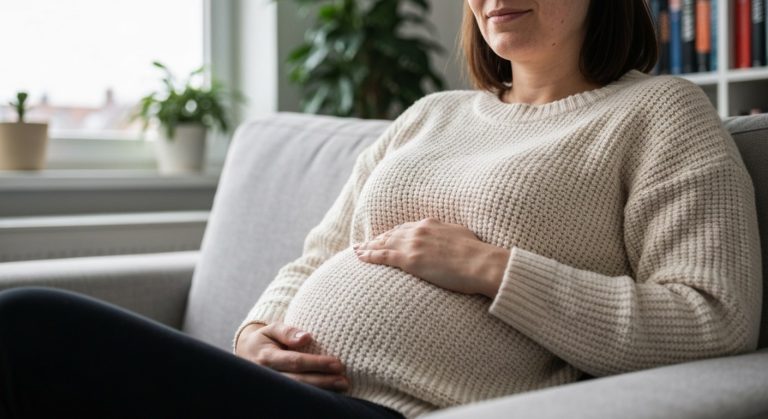 Těhotná žena v třicítce sedí na gauči, ruka na břiše, přirozené denní světlo
