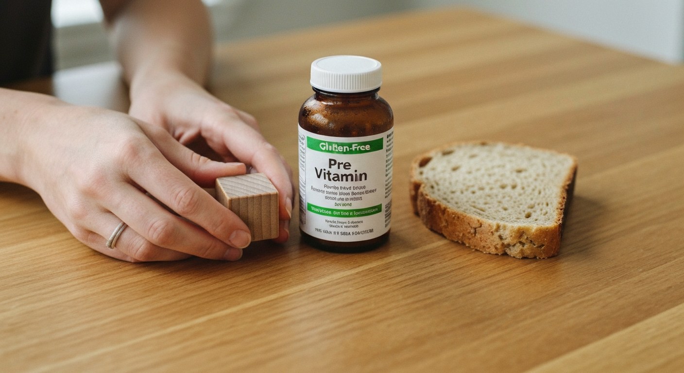 Ženské ruce drží dřevěnou kostku, vedle bezlepkový chléb a vitamíny na dubovém stole