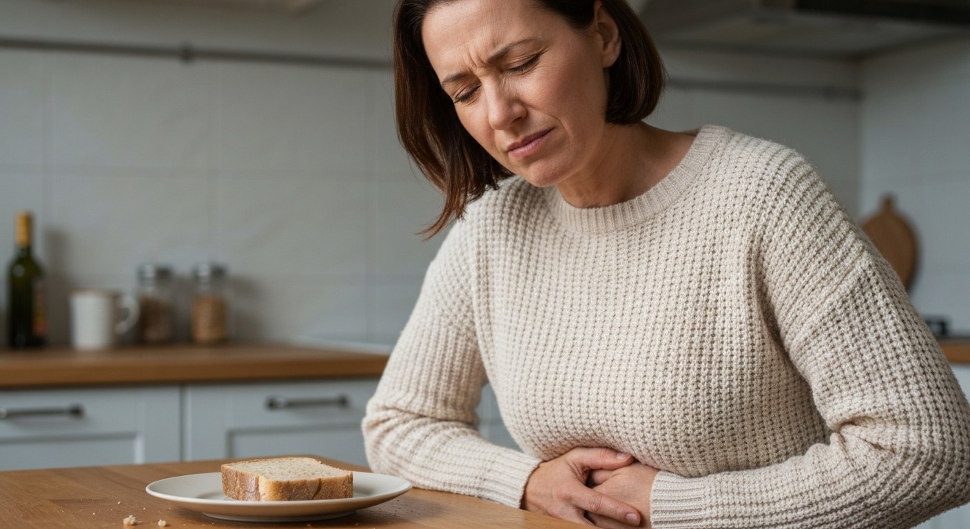 Žena ve středním věku u kuchyňského stolu s výrazem trávicího diskomfortu