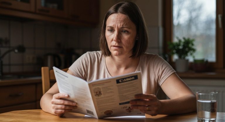 Žena u kuchyňského stolu čte lékařskou zprávu o celiakii