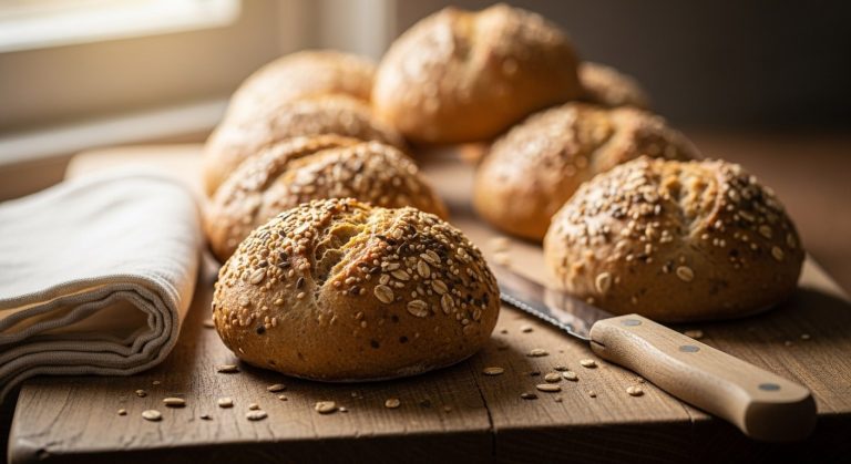 Čerstvě upečené zlatohnědé bezlepkové chlebíčky na dřevěném prkénku s lněným ubrouskem
