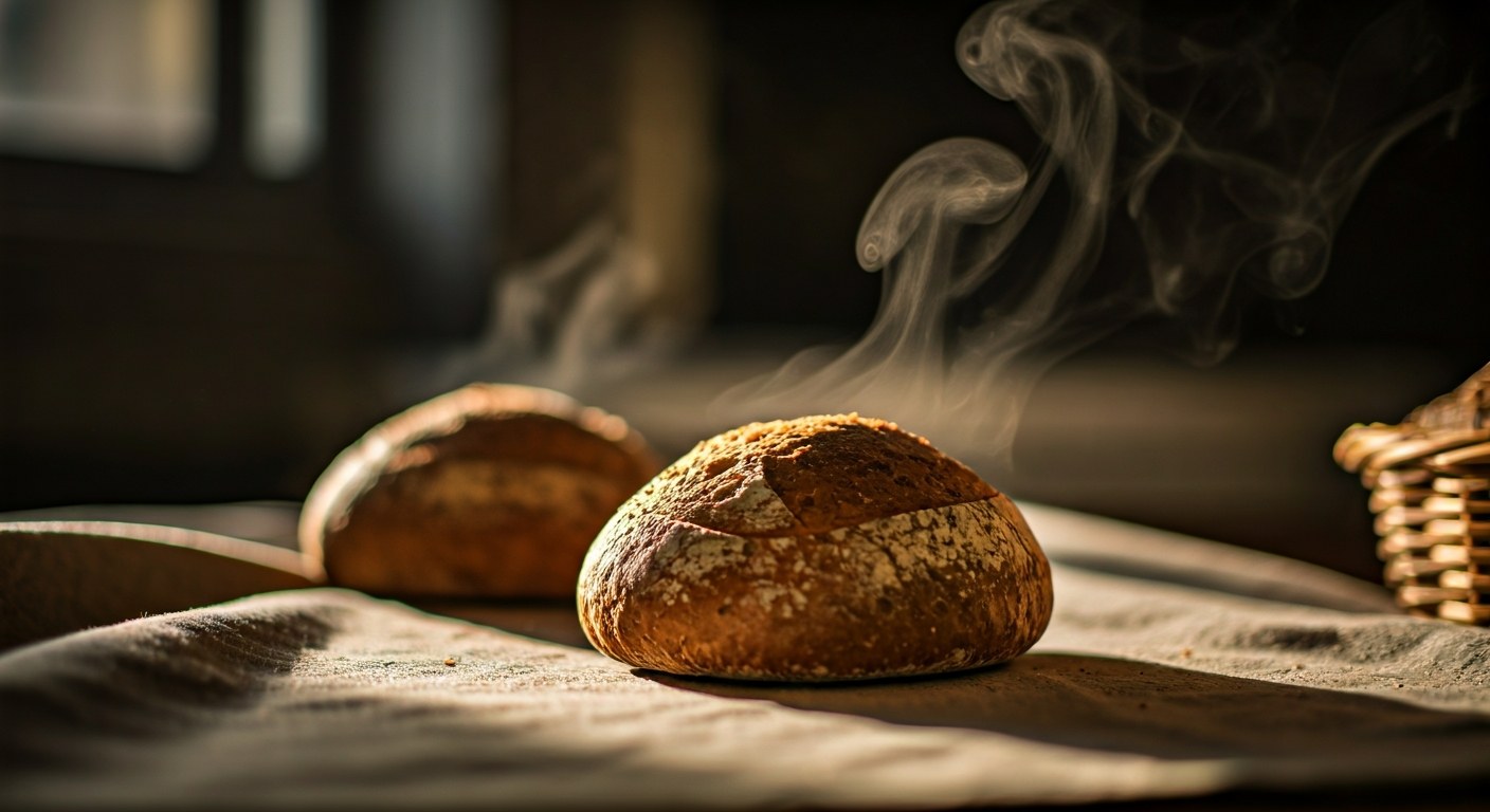 Čerstvě upečené bezlepkové rohlíky s párou na lněném ubrusu v prodejně