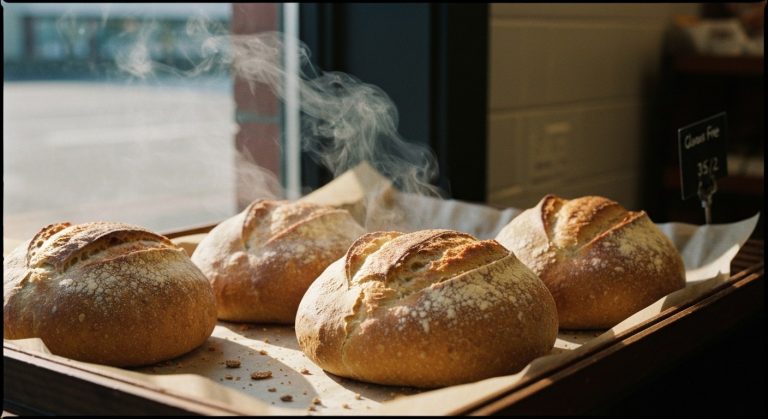 Čerstvě dopečené bezlepkové chleby v košíku s viditelnou kůrkou a drobečky