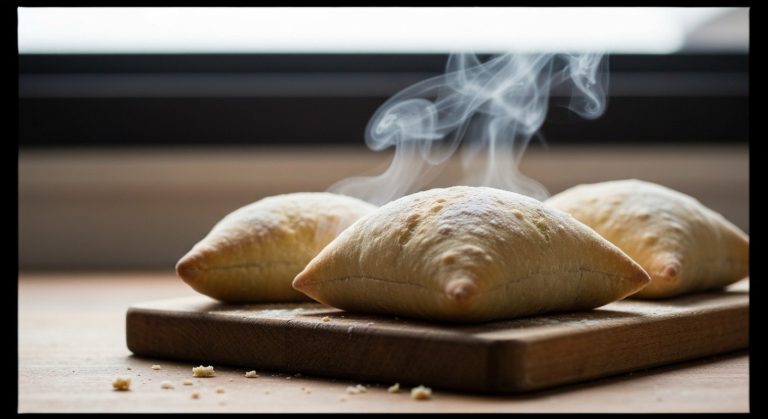 Čerstvě upečené bezlepkové polštářky na dřevěném prkénku s viditelnou kůrkou a drobečky