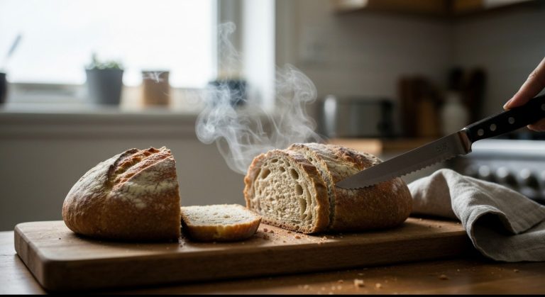 Čerstvě upečený bezlepkový chléb na dřevěném prkénku s nožem, stoupající pára z teplé kůrky