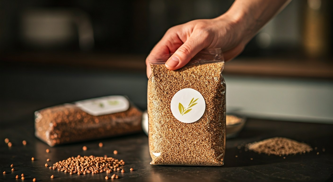 Ruka drží bezlepkový produkt s certifikací, v pozadí pohanka a quinoa na kuchyňské lince