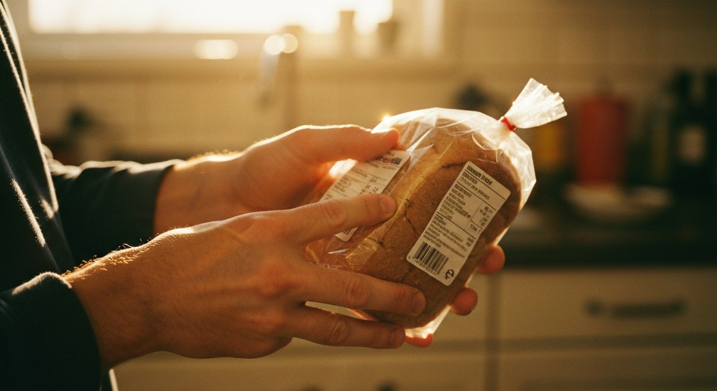 Ruce zkoumají složení pečiva na obalu