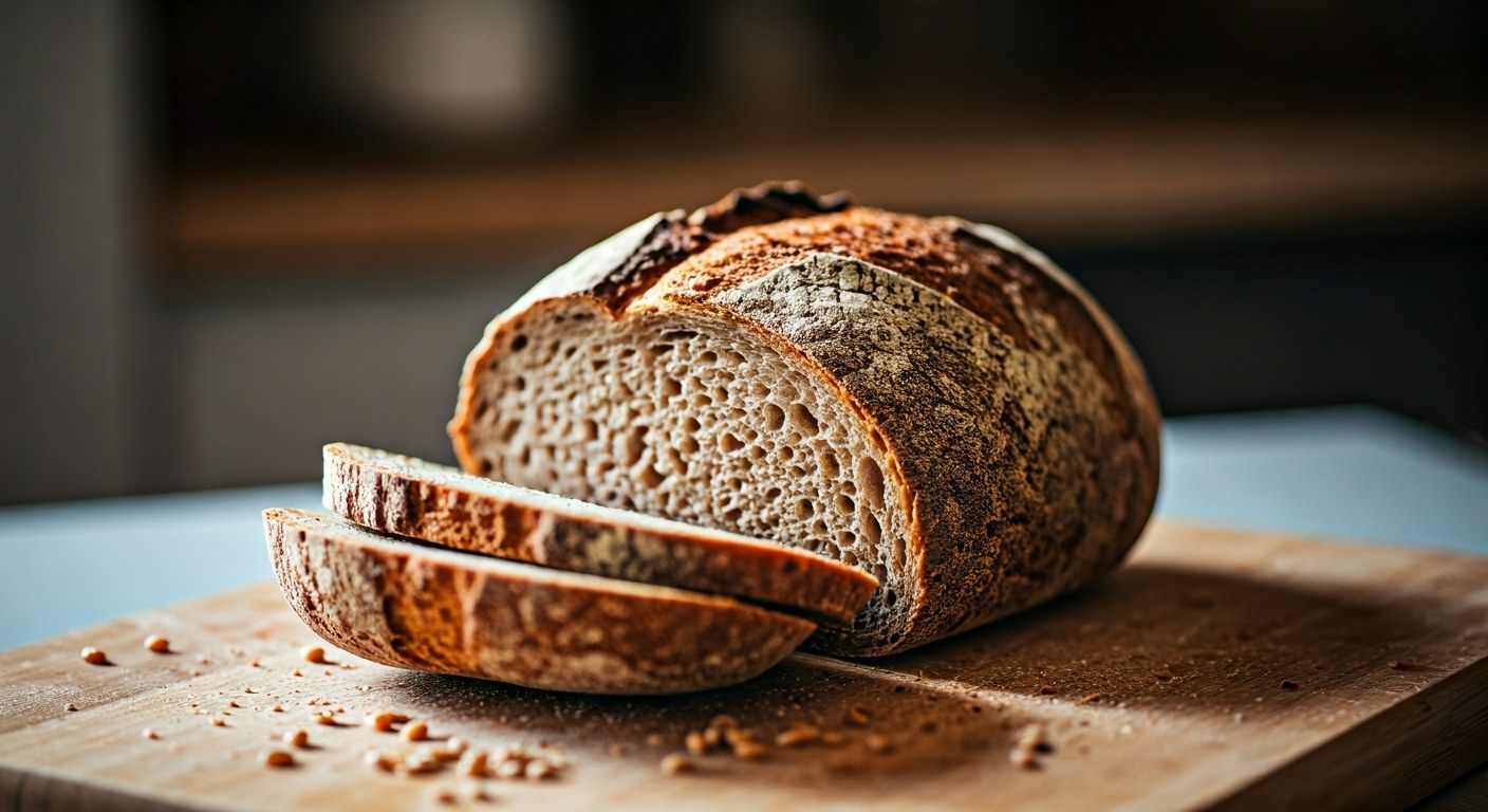 Rustikální chléb na dřevěném prkénku s pšeničnými zrny a moukou