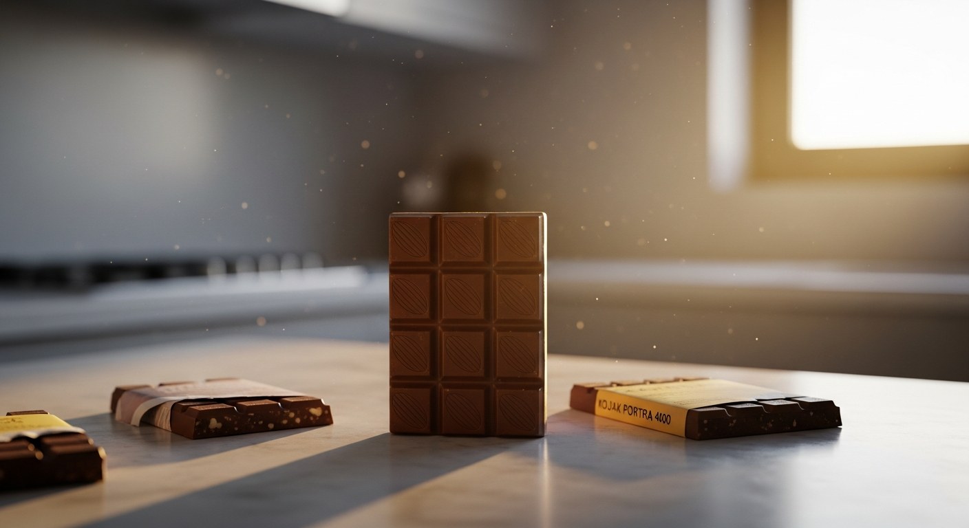 Tři různé čokoládové tabulky na mramorové kuchyňské desce při zlaté hodině