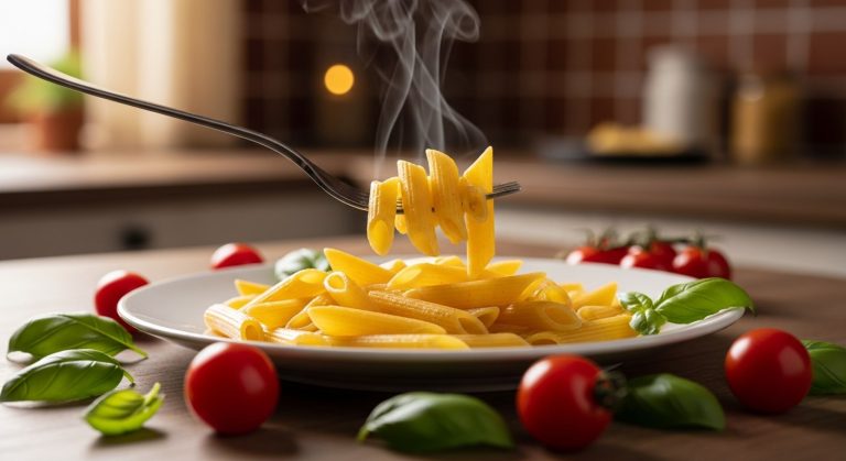 Vařené bezlepkové těstoviny penne na vidličce, pevná textura, zlatavá barva, italská kuchyně