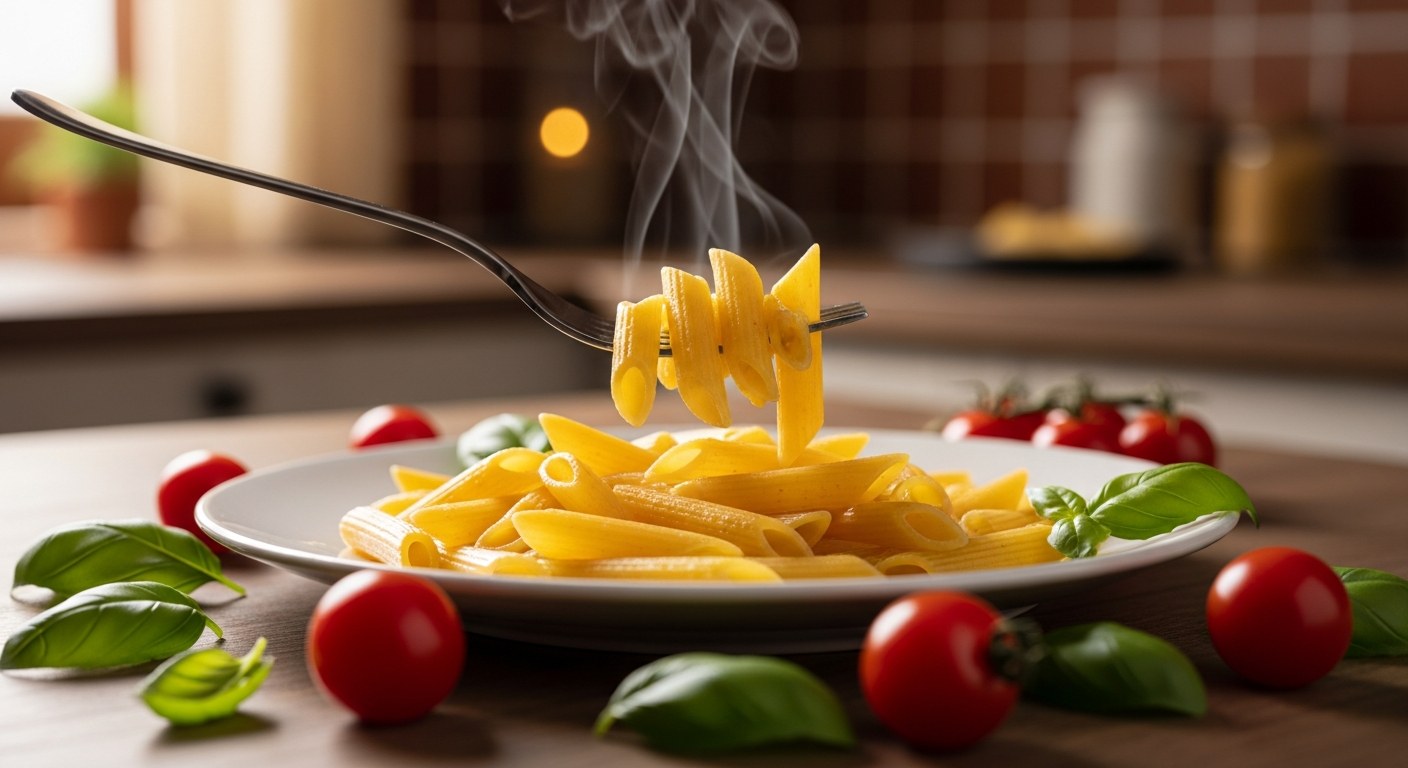 Vařené bezlepkové těstoviny penne na vidličce, pevná textura, zlatavá barva, italská kuchyně