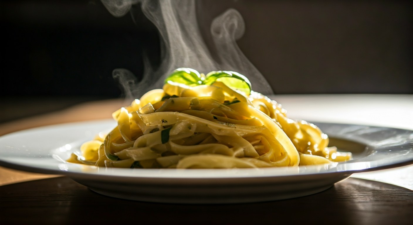 Čerstvé domácí tagliatelle těstoviny s olivovým olejem a bazalkou na bílém talíři