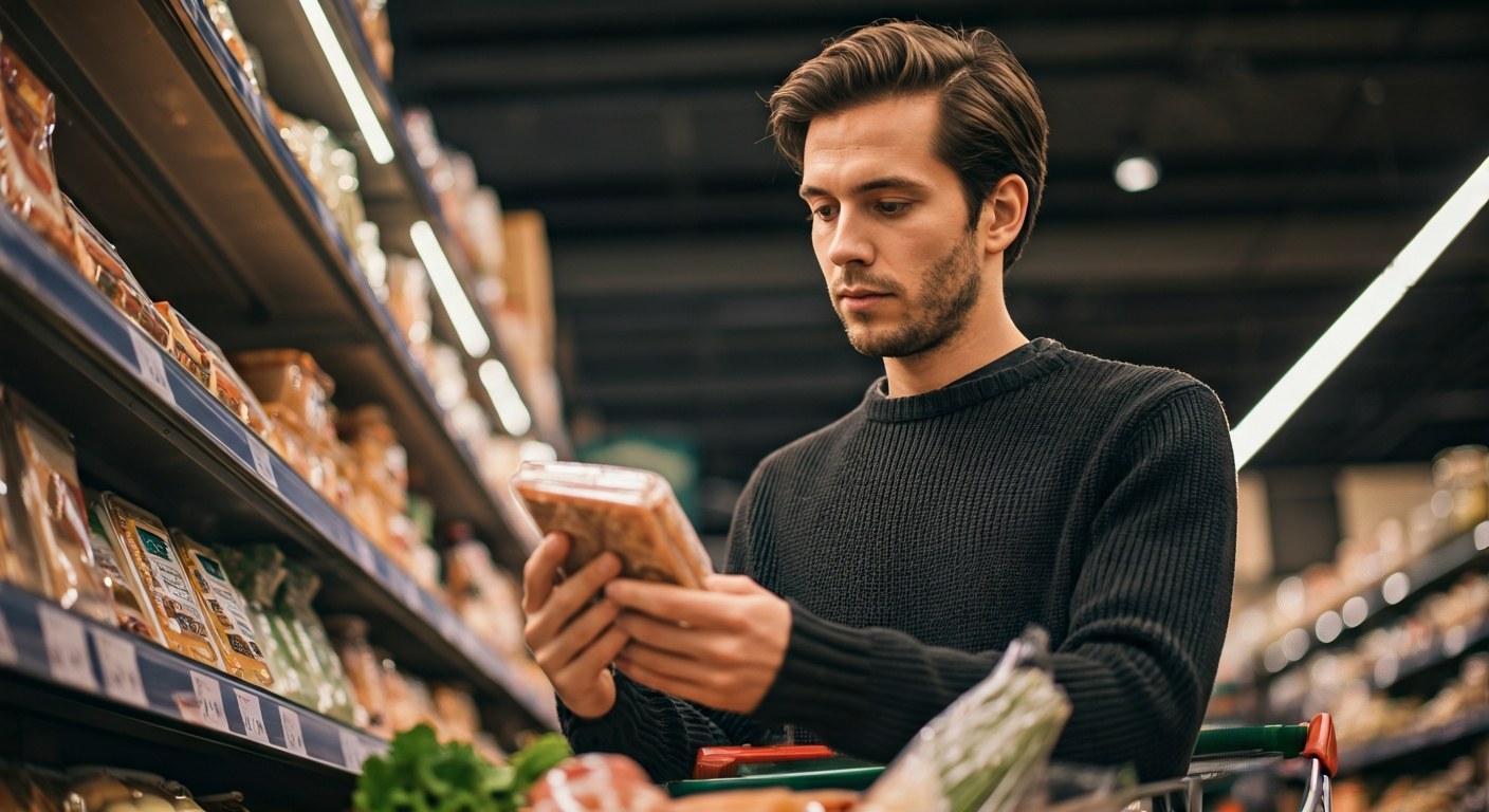 Nákupčí pozorně čte složení produktu v obchodě