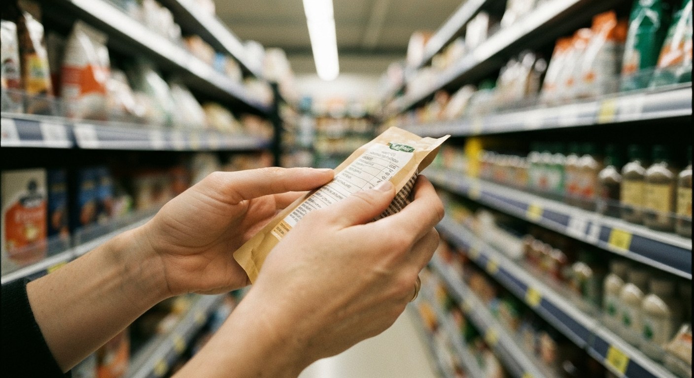 Kontrola složení potravin v obchodě Ruce kontrolující složení produktu při nakupování bezlepkových potravin