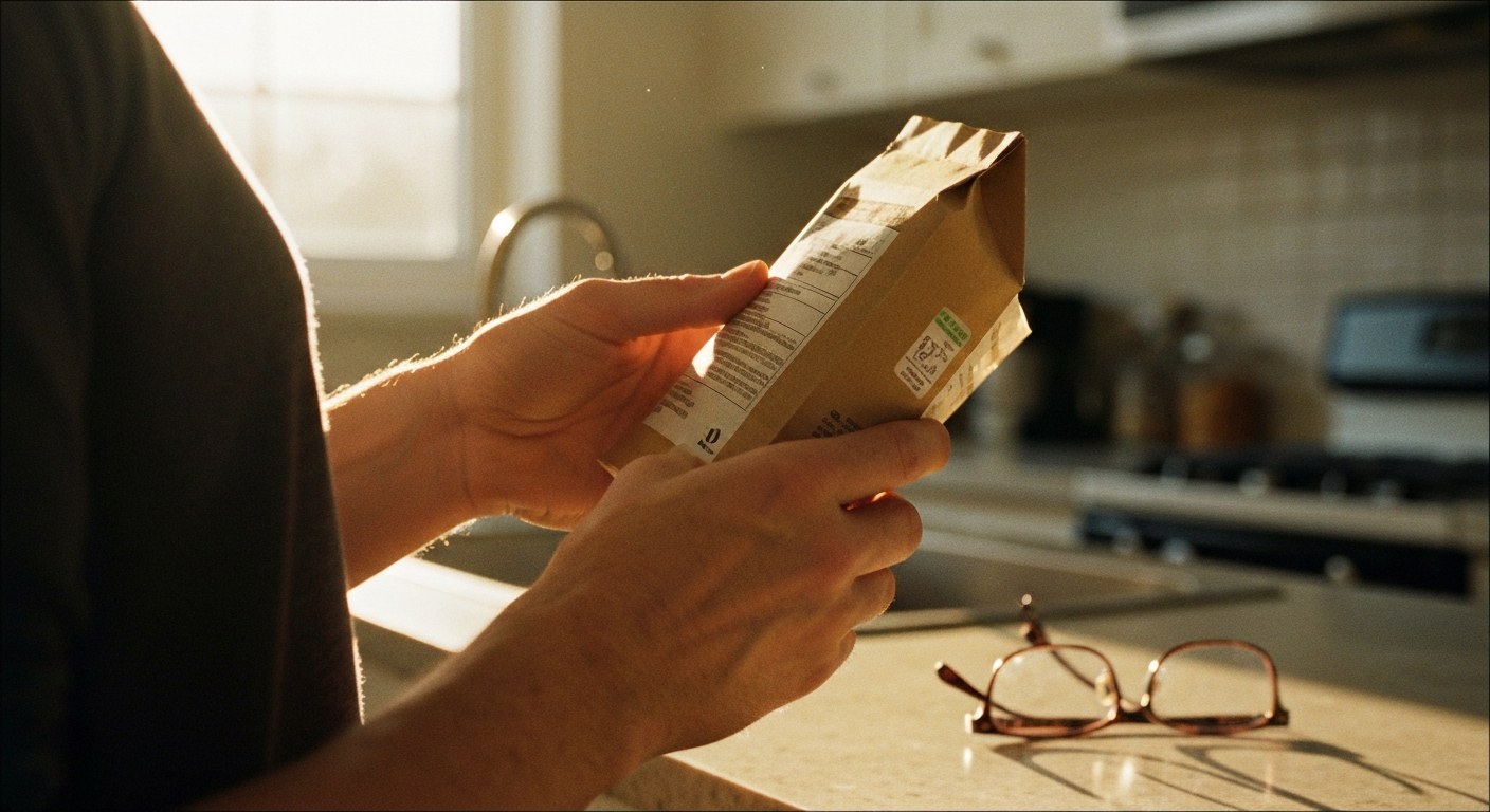 Ruce drží balený produkt a čtou složení na etiketě, v popředí brýle