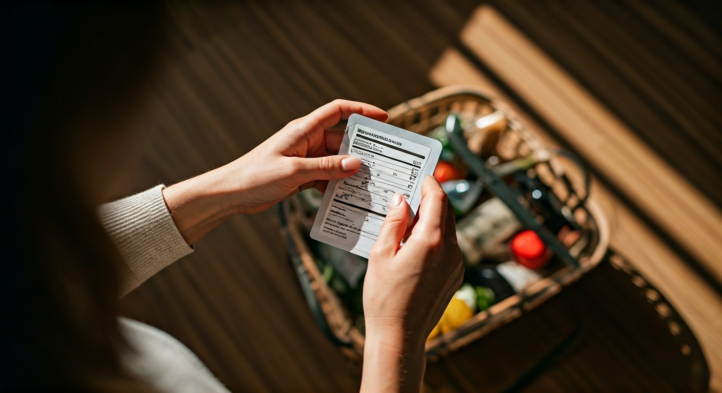 Ruce kontrolující složení produktu v obchodě při nakupování