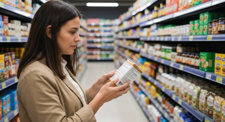 Ruce ženy čtoucí složení na obalu potraviny v supermarketu