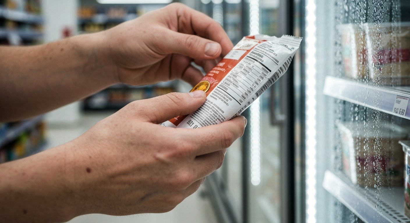 Ruce držící balený produkt a čtoucí etiketu s bezlepkovou certifikací v obchodě