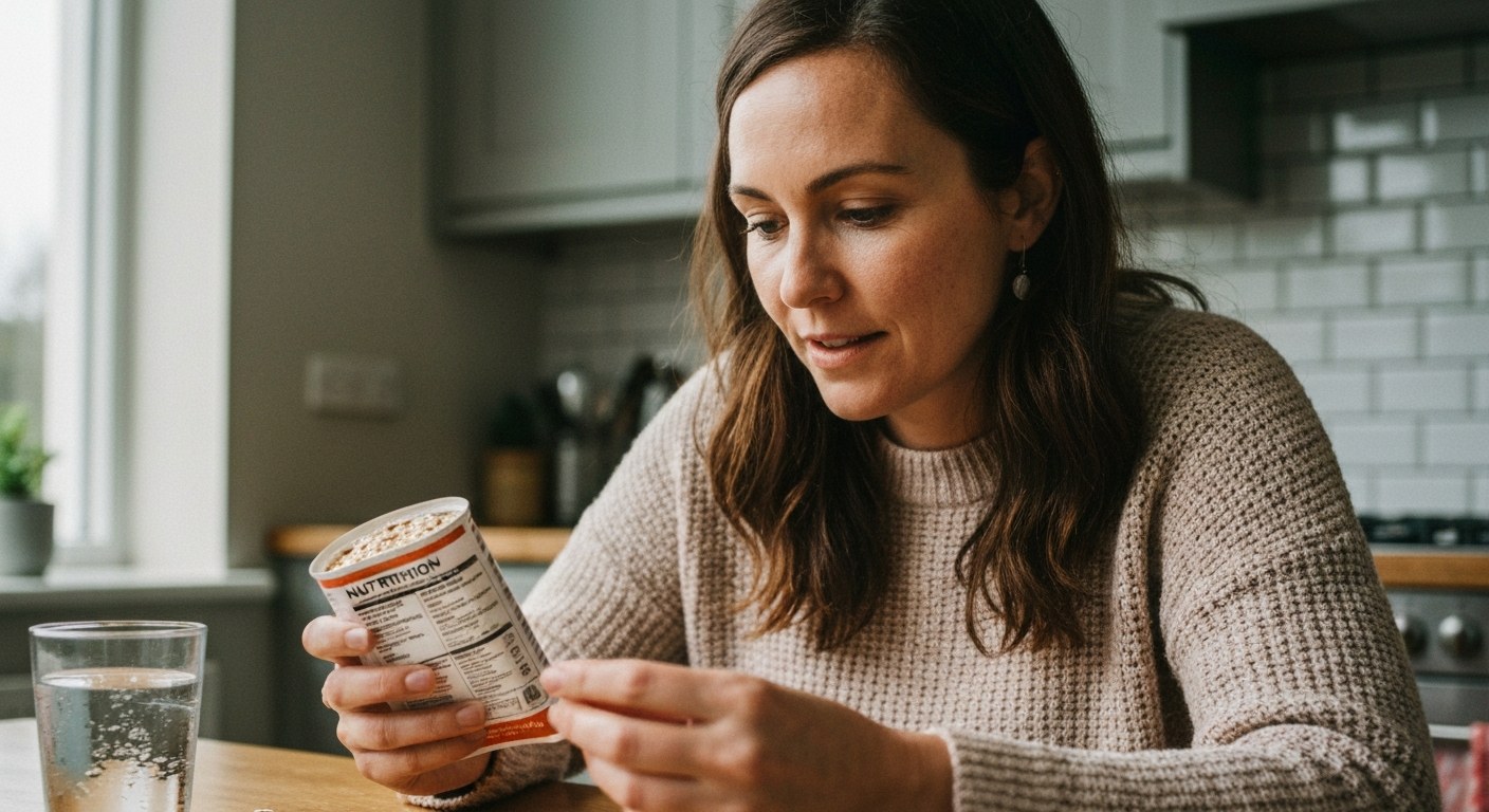 Žena studuje složení ovesného produktu na kuchyňském stole