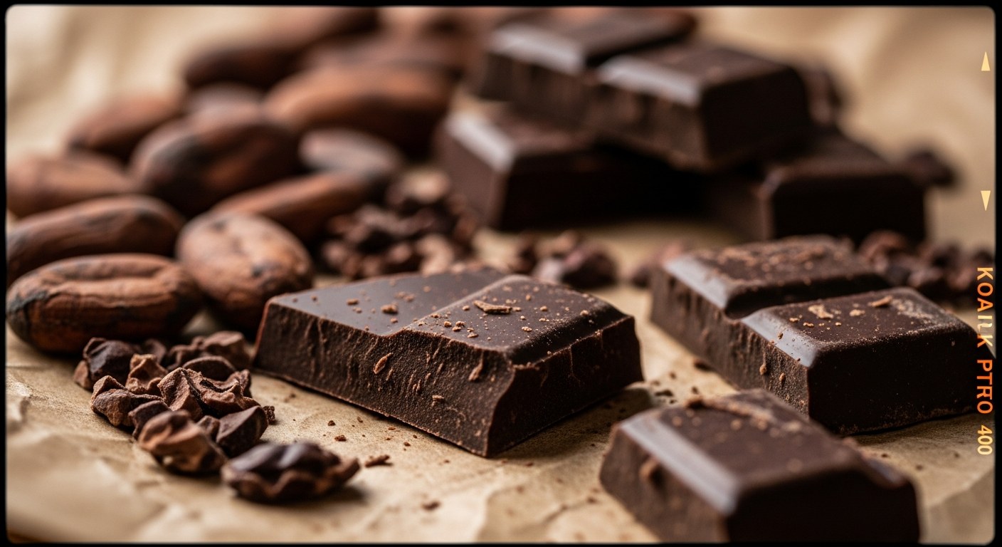 Rozlomené kousky tmavé čokolády s kakaovými boby na pergamenovém papíře