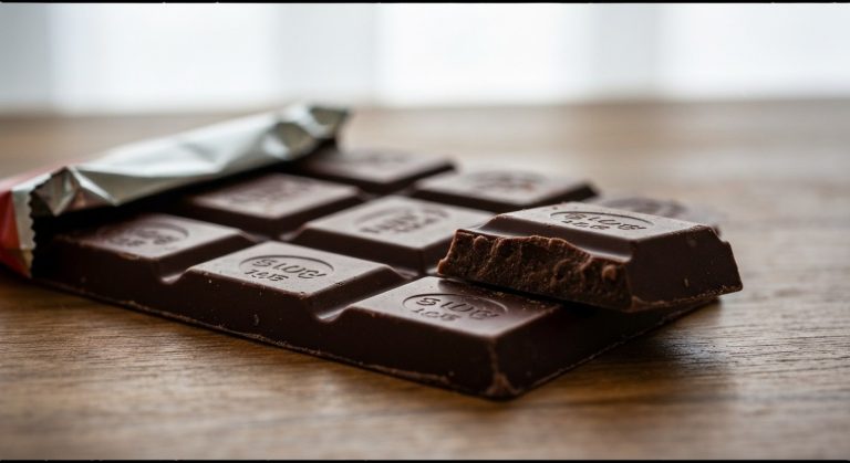 Detail tabulky hořké čokolády na dřevěném stole s viditelnou texturou kakaa