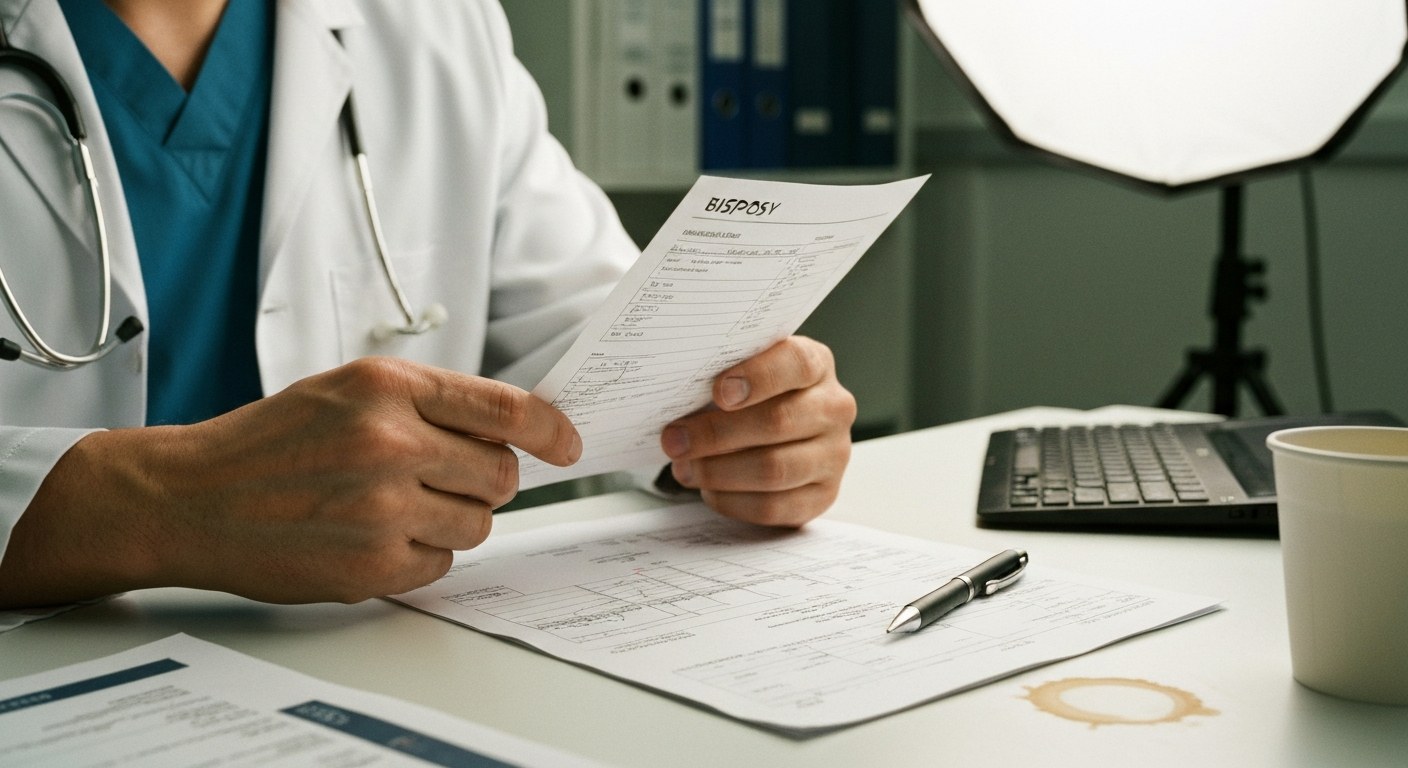 Lékař drží výsledky biopsie tenkého střeva při diagnostice celiakie