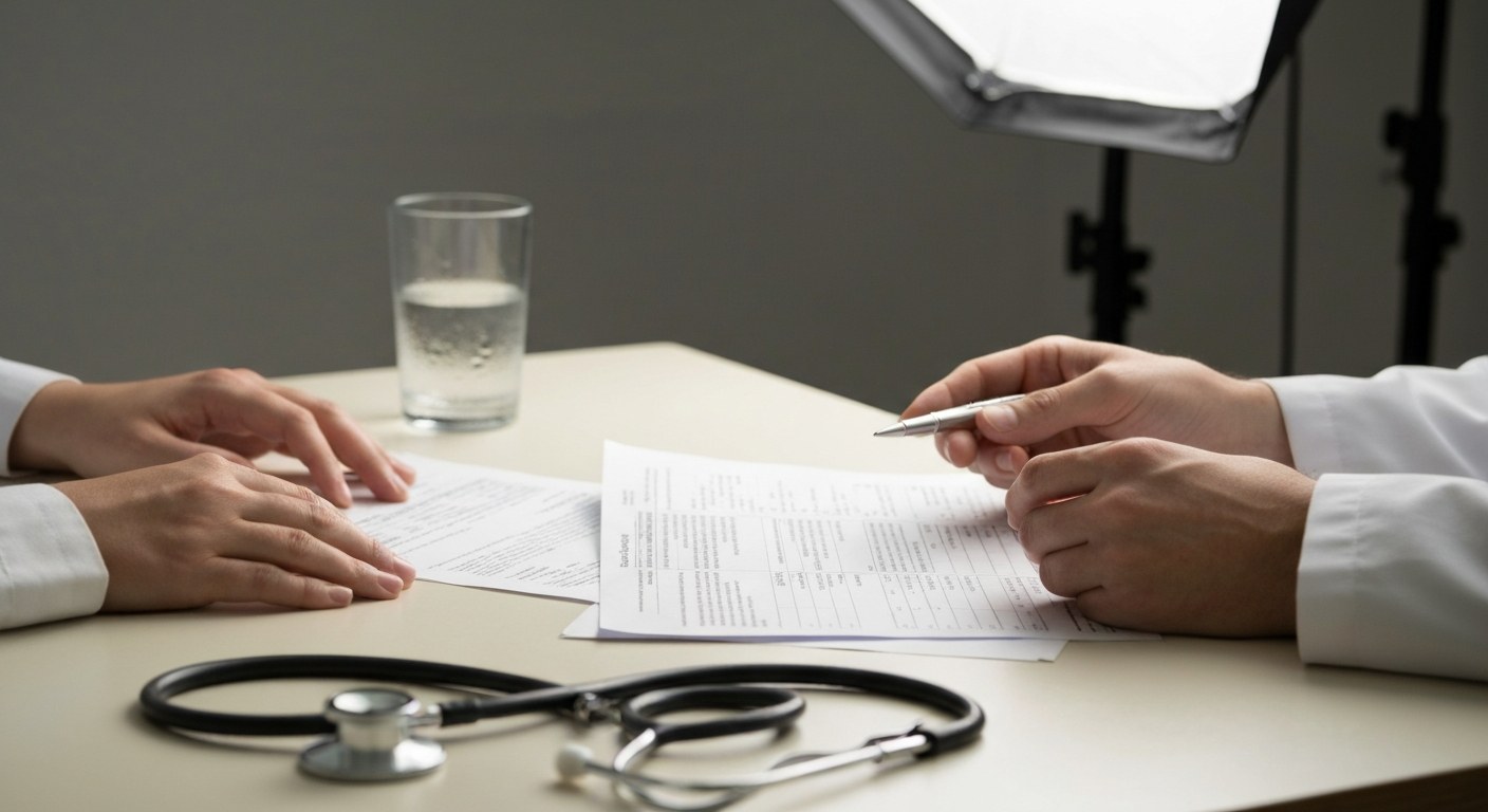 Lékařská konzultace s výsledky krevních testů na ordinaci