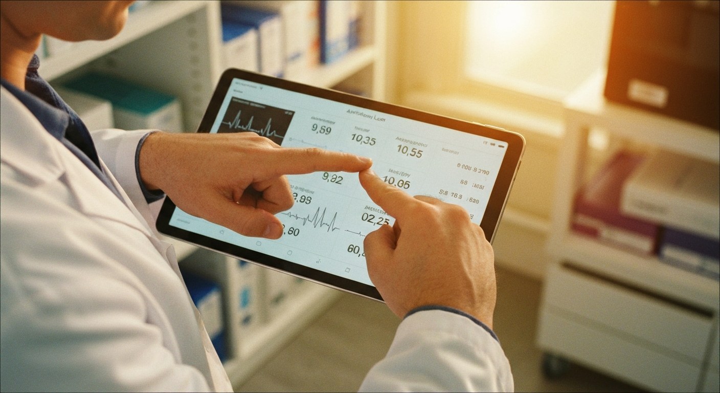 Testy protilátek tTG-IgA a EMA Lékař ukazuje hodnoty protilátek na tabletu při konzultaci