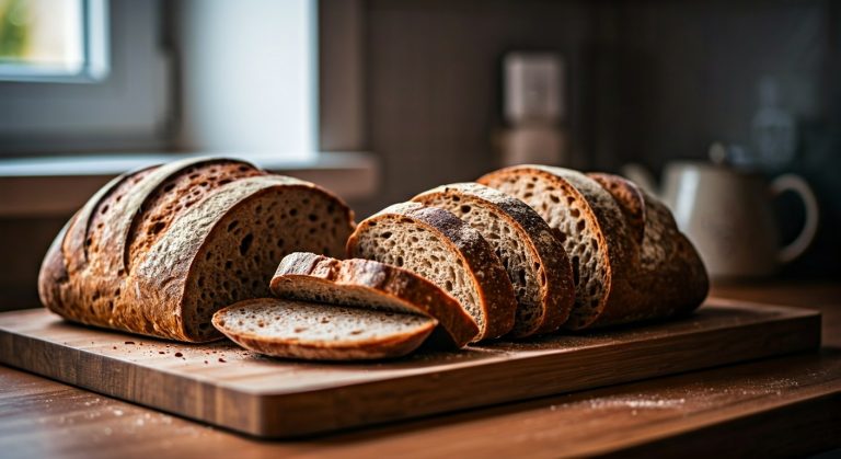 Čerstvě nakrájený domácí chléb na dřevěném prkénku s viditelnou strukturou střídky a moukou