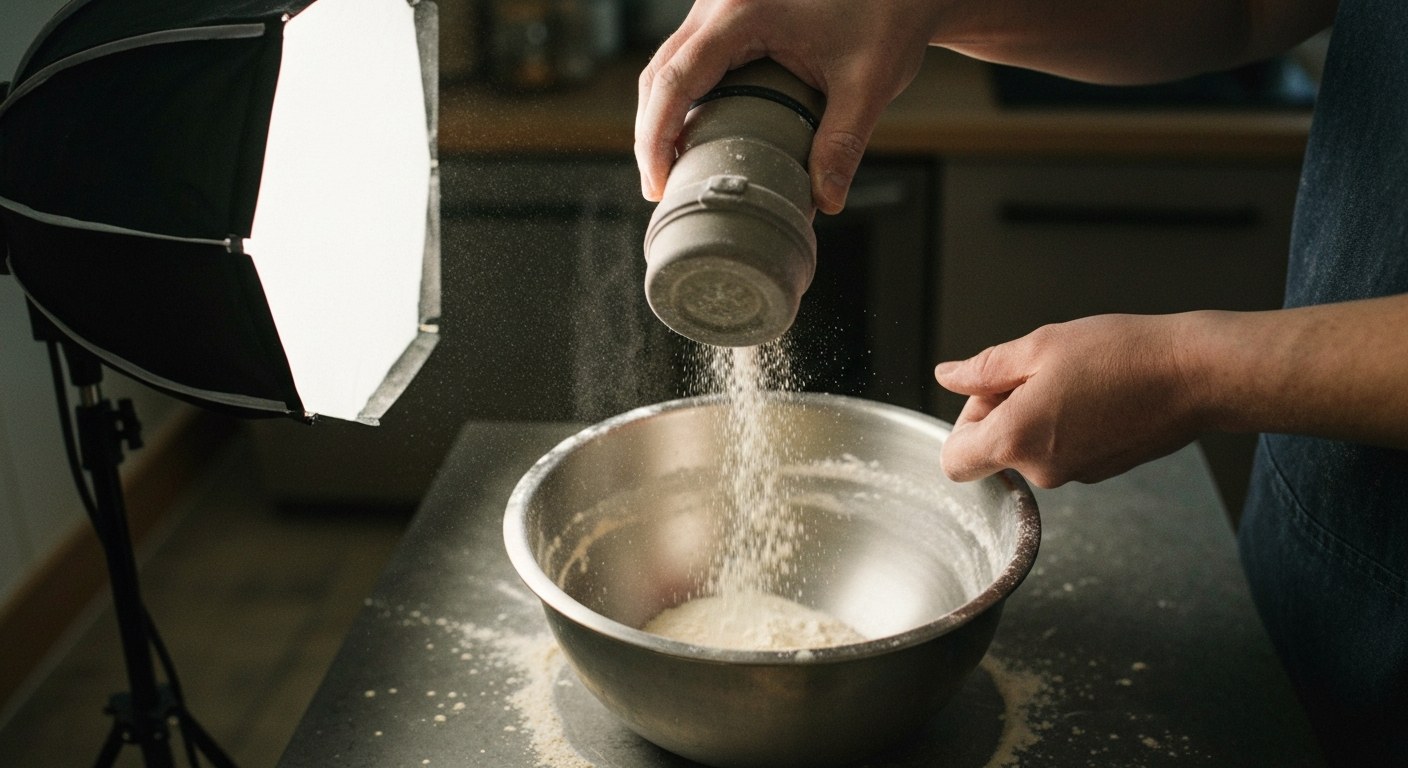 Ruce přesypávají čerstvě mletou mouku z mlýnku do nerezové mísy