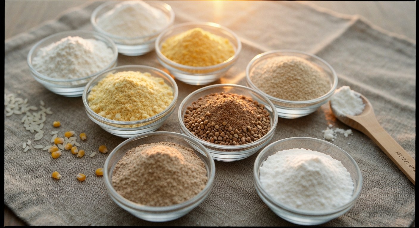 Pět skleněných misek s různými druhy bezlepkové mouky na lněném ubrusu