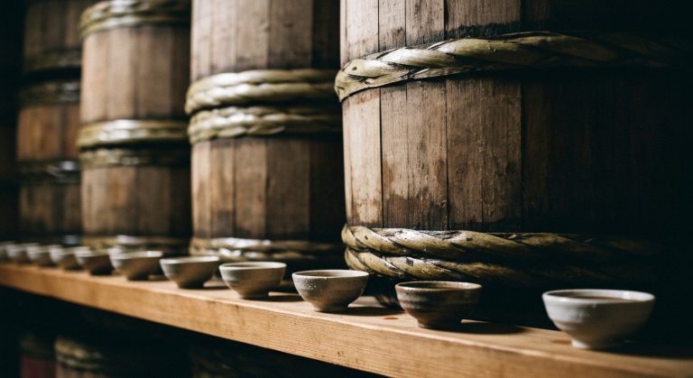 Dřevěné fermentační sudy v tradiční japonské palírně s denním světlem