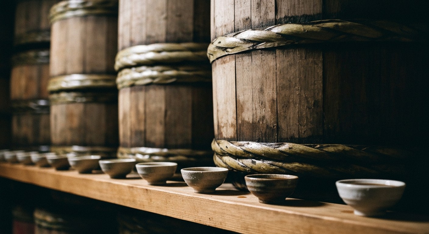 Dřevěné fermentační sudy v tradiční japonské palírně s denním světlem