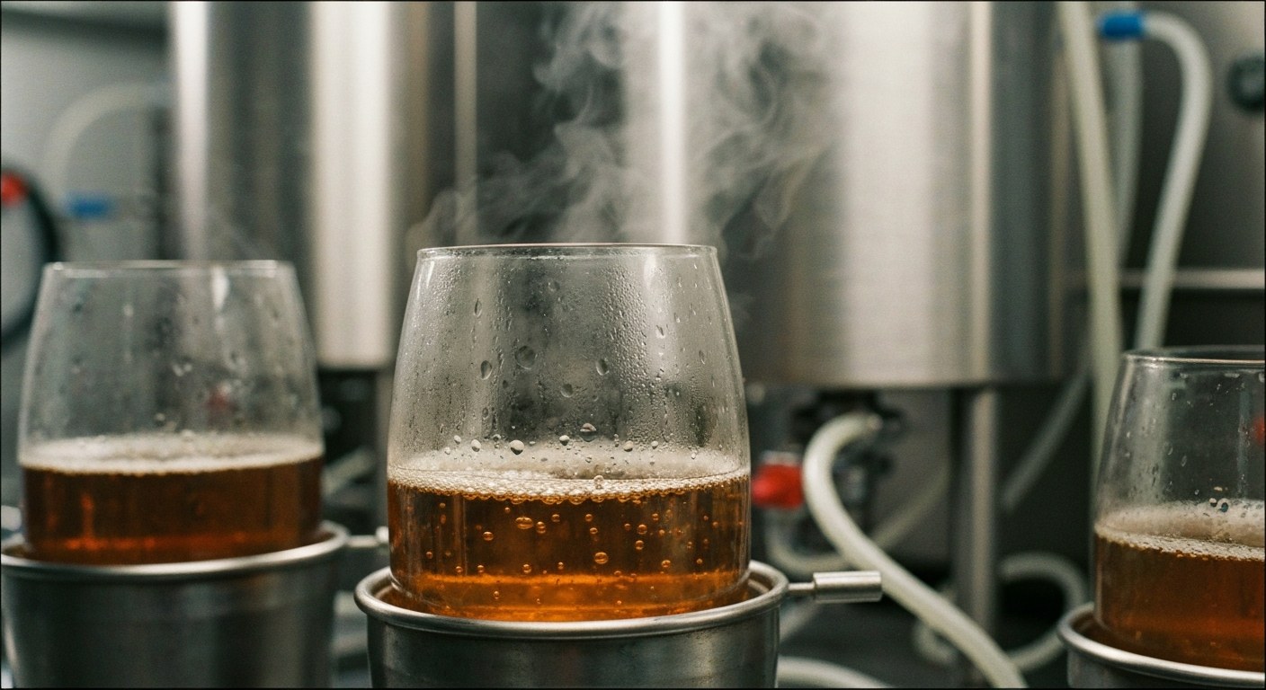 Skleněné fermentační nádoby s amber tekutinou v laboratoři