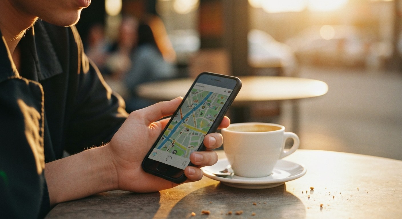 Mobil s mapou bezlepkových restaurací na stole venkovní kavárny