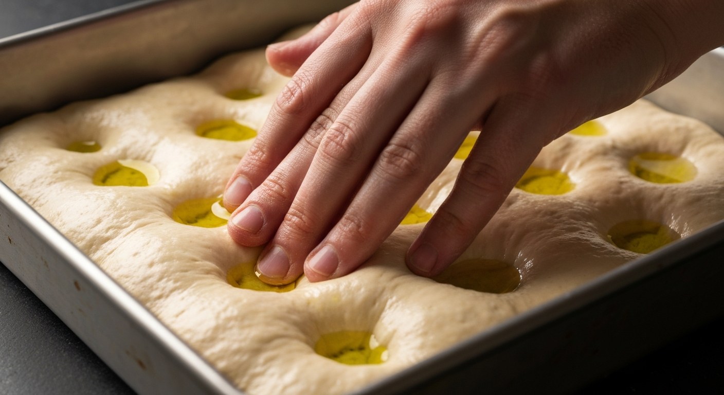 Ruce vytvářejí typické důlky v bezlepkovém těstě focaccie před pečením