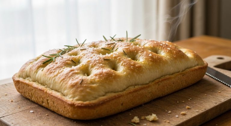 Čerstvě upečená bezlepková focaccia s rozmarýnem a olivovým olejem na dřevěném prkénku