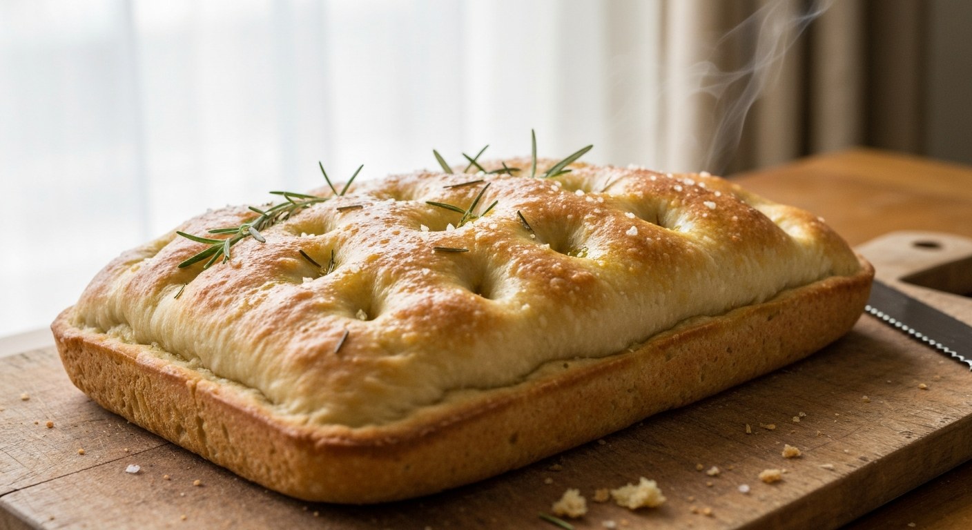 Čerstvě upečená bezlepková focaccia s rozmarýnem a olivovým olejem na dřevěném prkénku