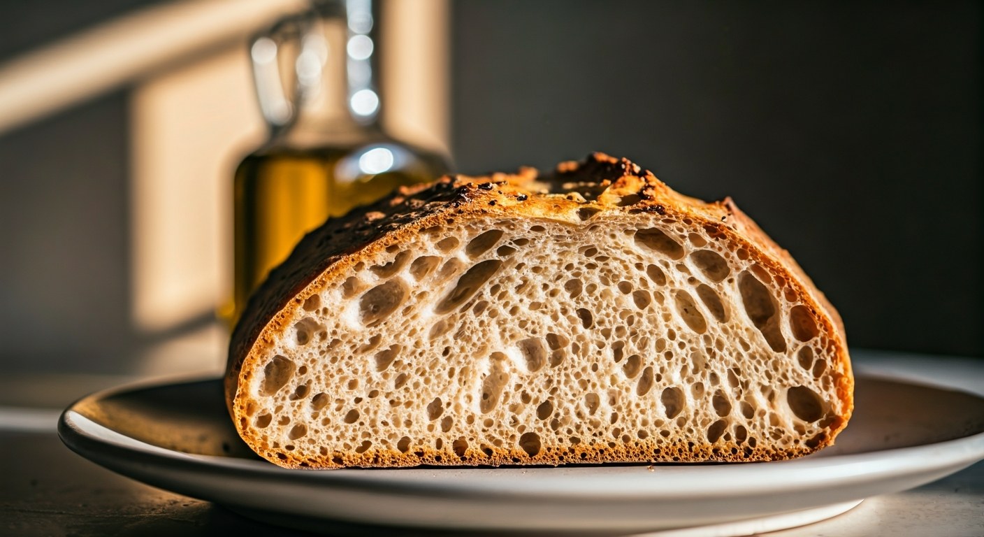 Řez bezlepkové focaccie ukazující nadýchanou strukturu a křupavou kůrku