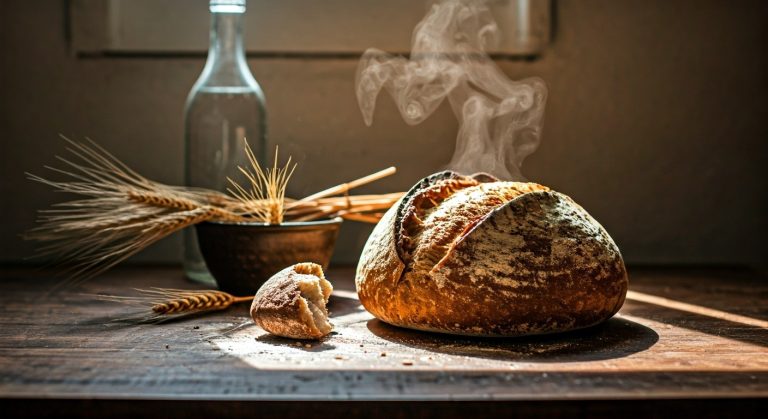 Čerstvý domácí chléb na dřevěném stole s klasy pšenice a moukou