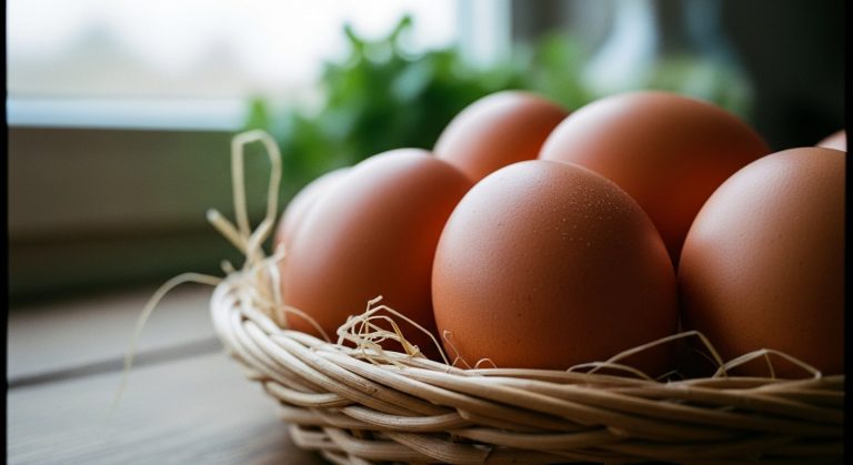 Čerstvá hnědá vejce v proutěném košíku na dřevěném stole