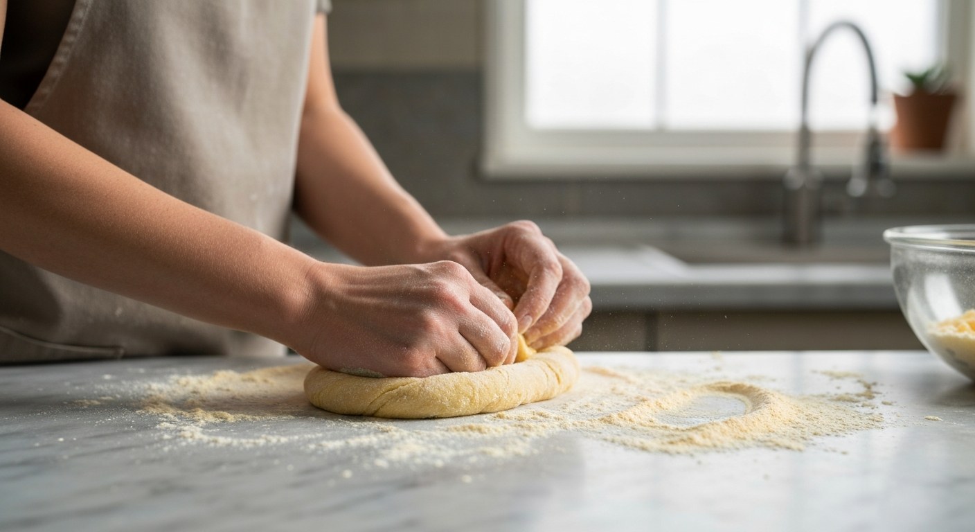 Ženské ruce hnětou těsto na těstoviny s krupicovou moukou na mramorové desce