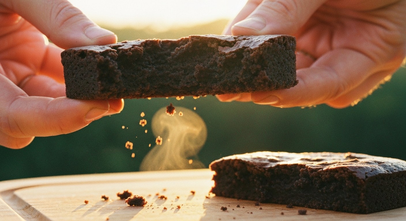 Detail vláčné čokoládové struktury brownies při lámání