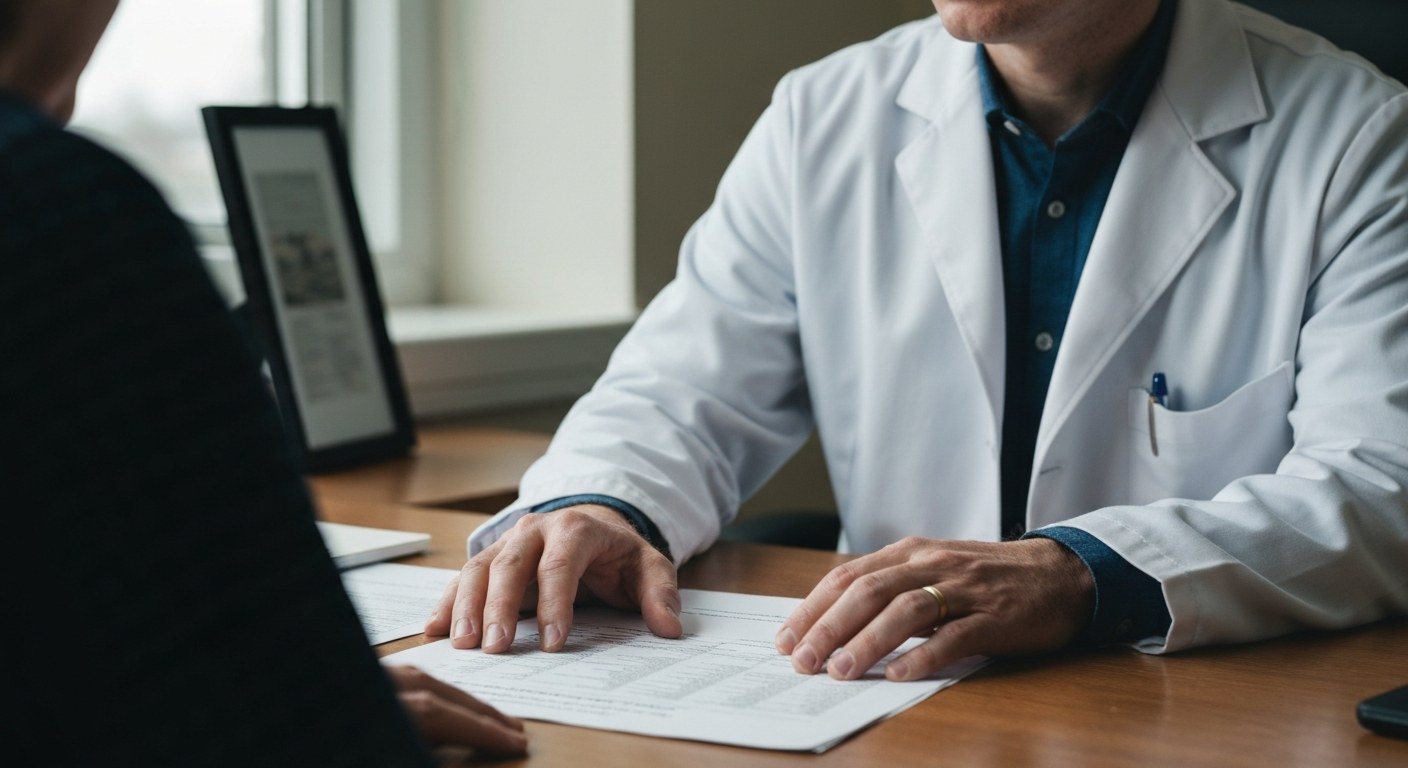 Gastroenterolog v bílém plášti konzultuje s pacientem výsledky vyšetření v ordinaci