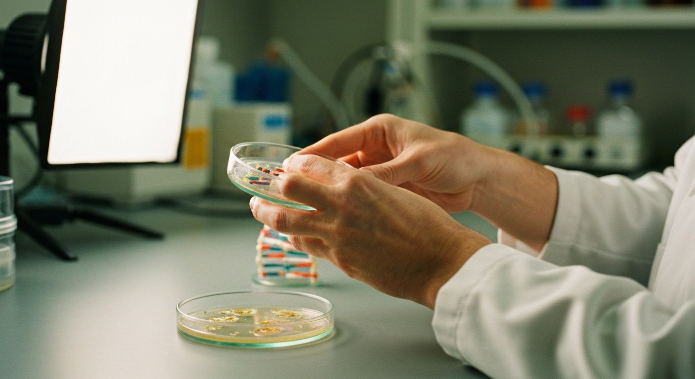 Vědec drží model DNA a Petriho misku při výzkumu genetické predispozice