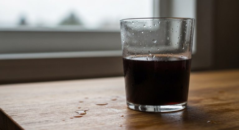 Sklenice zázvorového piva s kondenzací, plátek zázvoru a limetky na dřevě